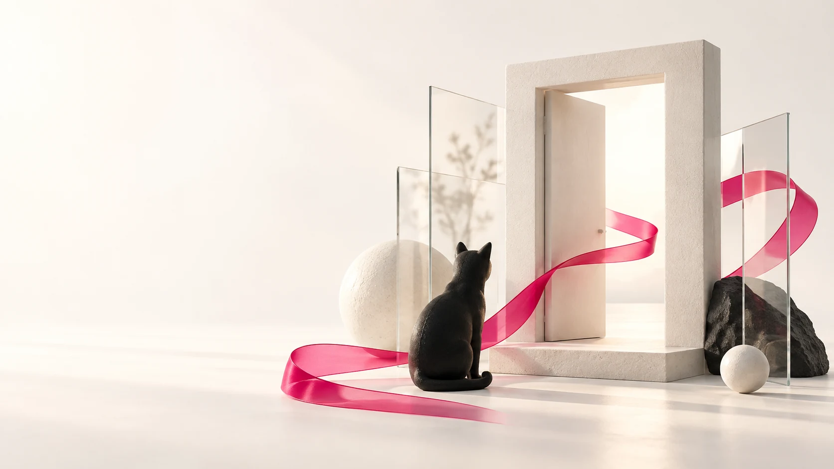 白い扉を見つめる黒猫と、その先へ続くピンクのリボン。AI時代の新しい可能性を表したイメージ