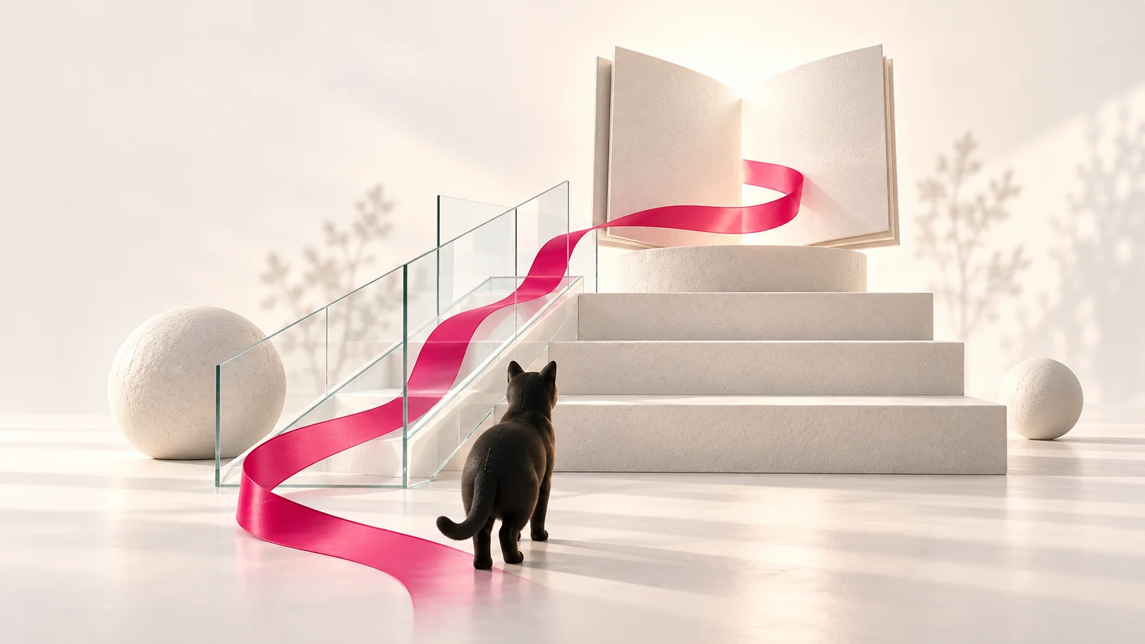 黒猫の前に階段とスロープが開いた本へ続く、学ぶ機会とAIリテラシーのイメージ