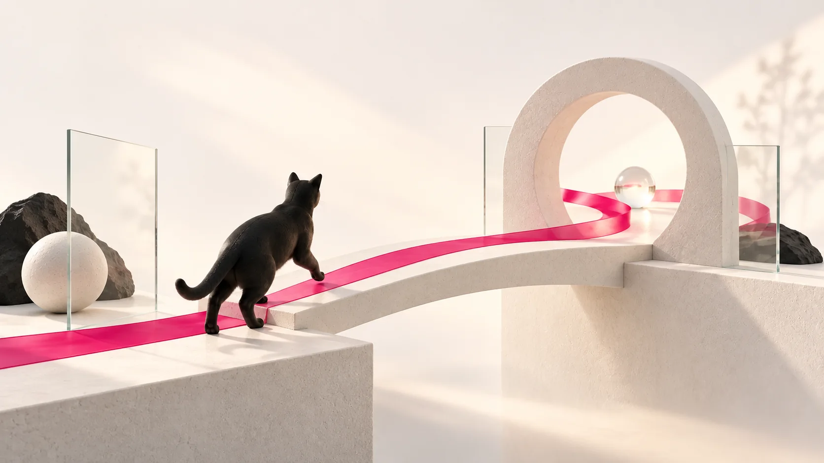 黒猫がピンクのリボンをたどり白い橋へ踏み出す、変化を仕事の機会につなげるイメージ
