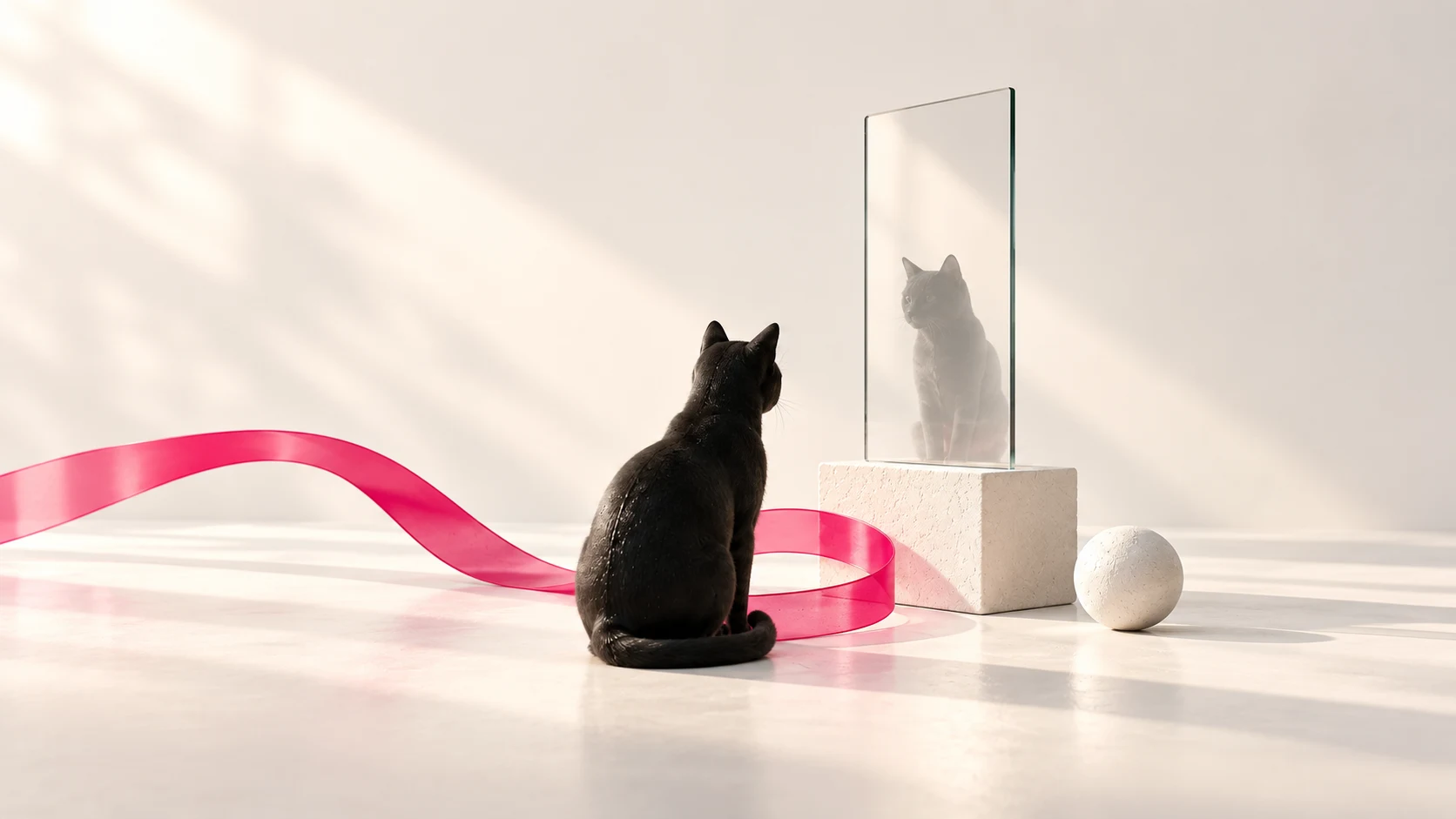 ガラス越しの猫の姿を見つめる黒猫と、足元で曲がるピンクのリボン