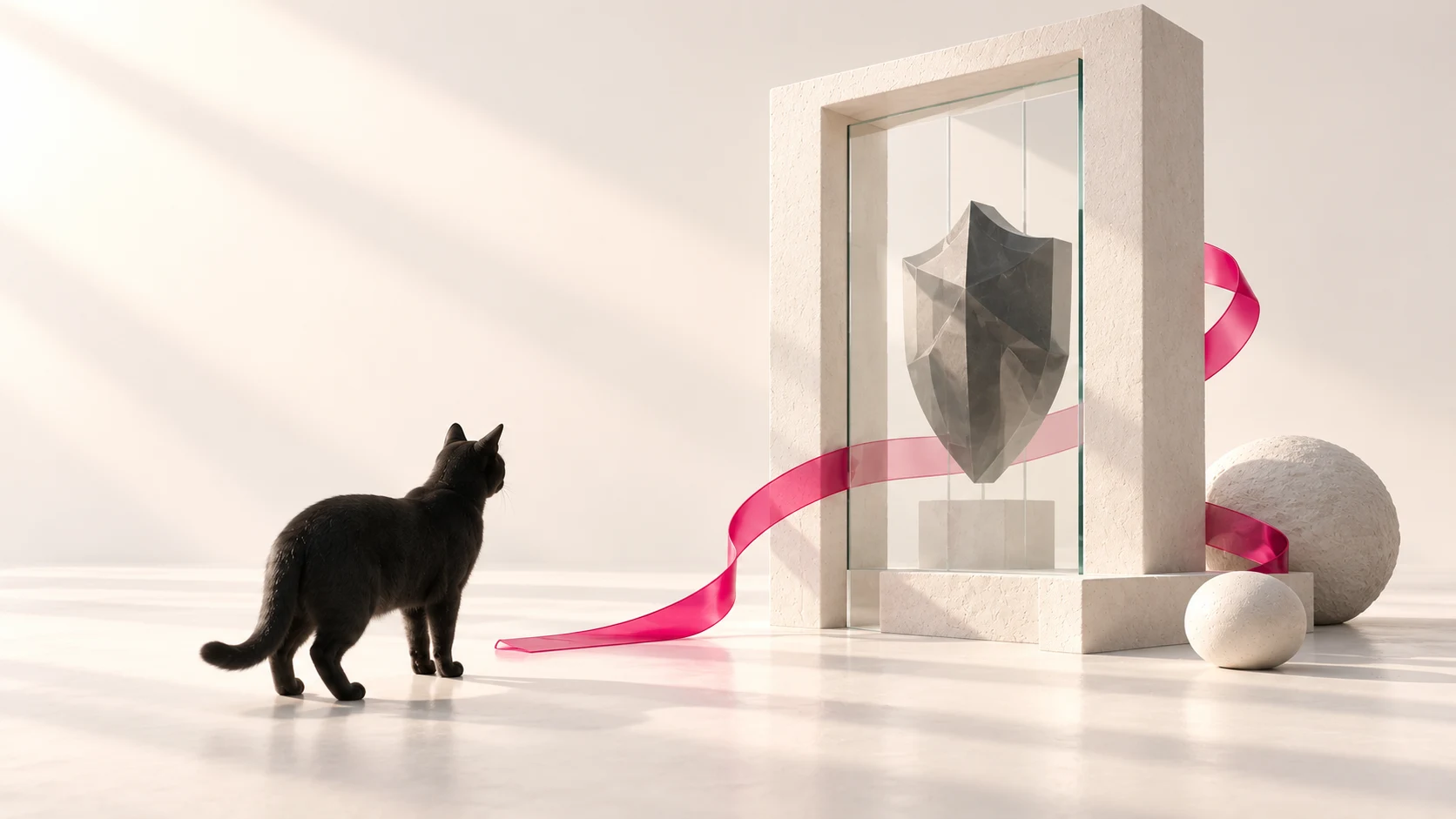 ガラスの向こうにある威厳を感じさせる造形から距離を取る黒猫
