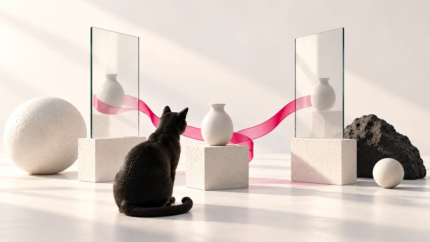 ガラスに映る器と中央の実物を見比べる黒猫。ピンクのリボンがそれぞれを結んでいる