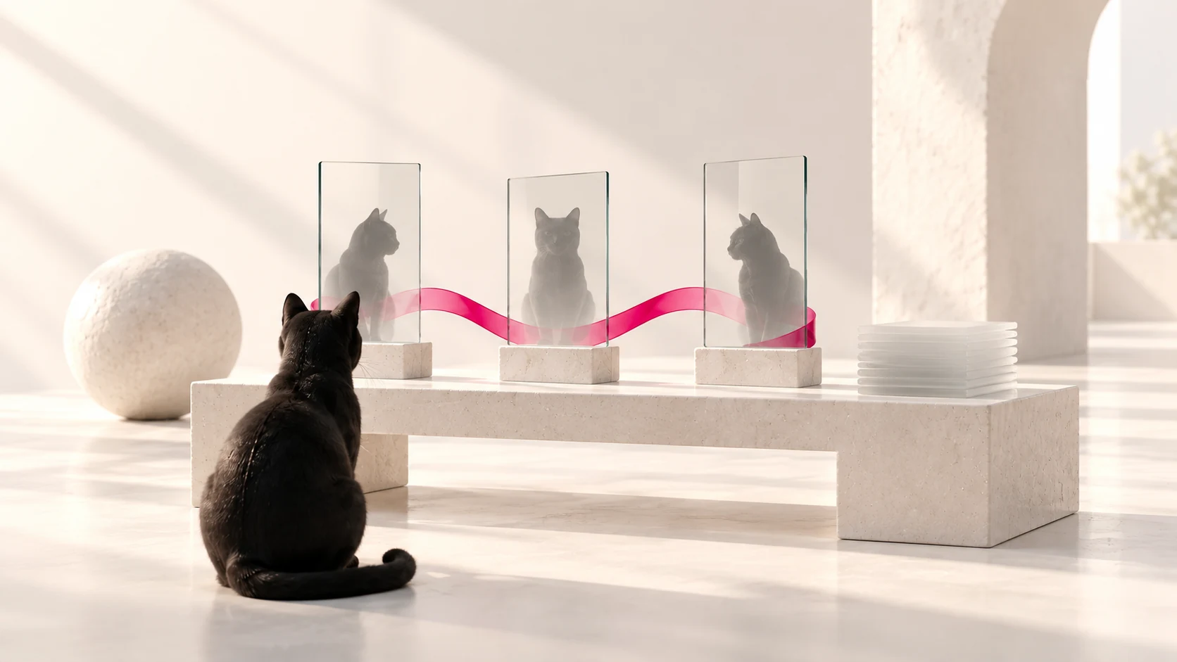 選び出したガラスのカードを見つめる黒猫とピンクのリボン