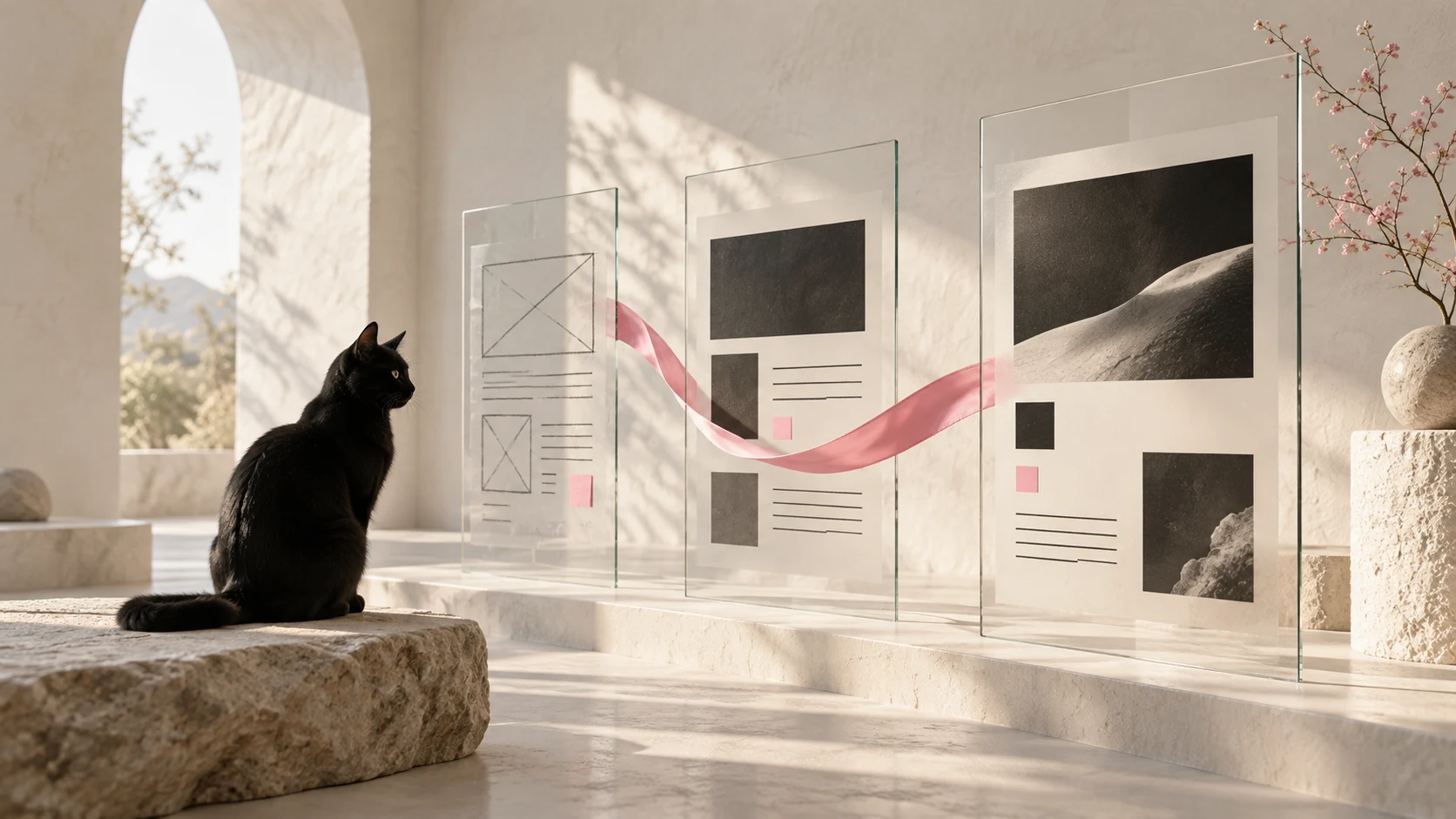 黒猫が、下書きから整ったWebページへ変わるガラスのパネルを見つめる挿絵