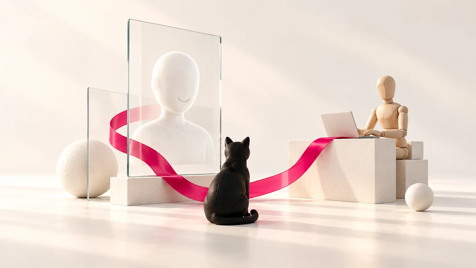 画面の人物像と、その後ろで発信を支える人形の運営者を黒猫が見つめる挿絵